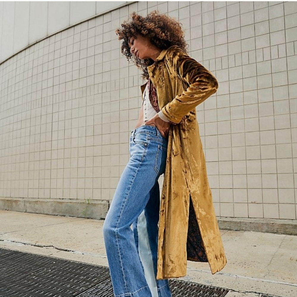 Free People Gold Velvet Long Coat